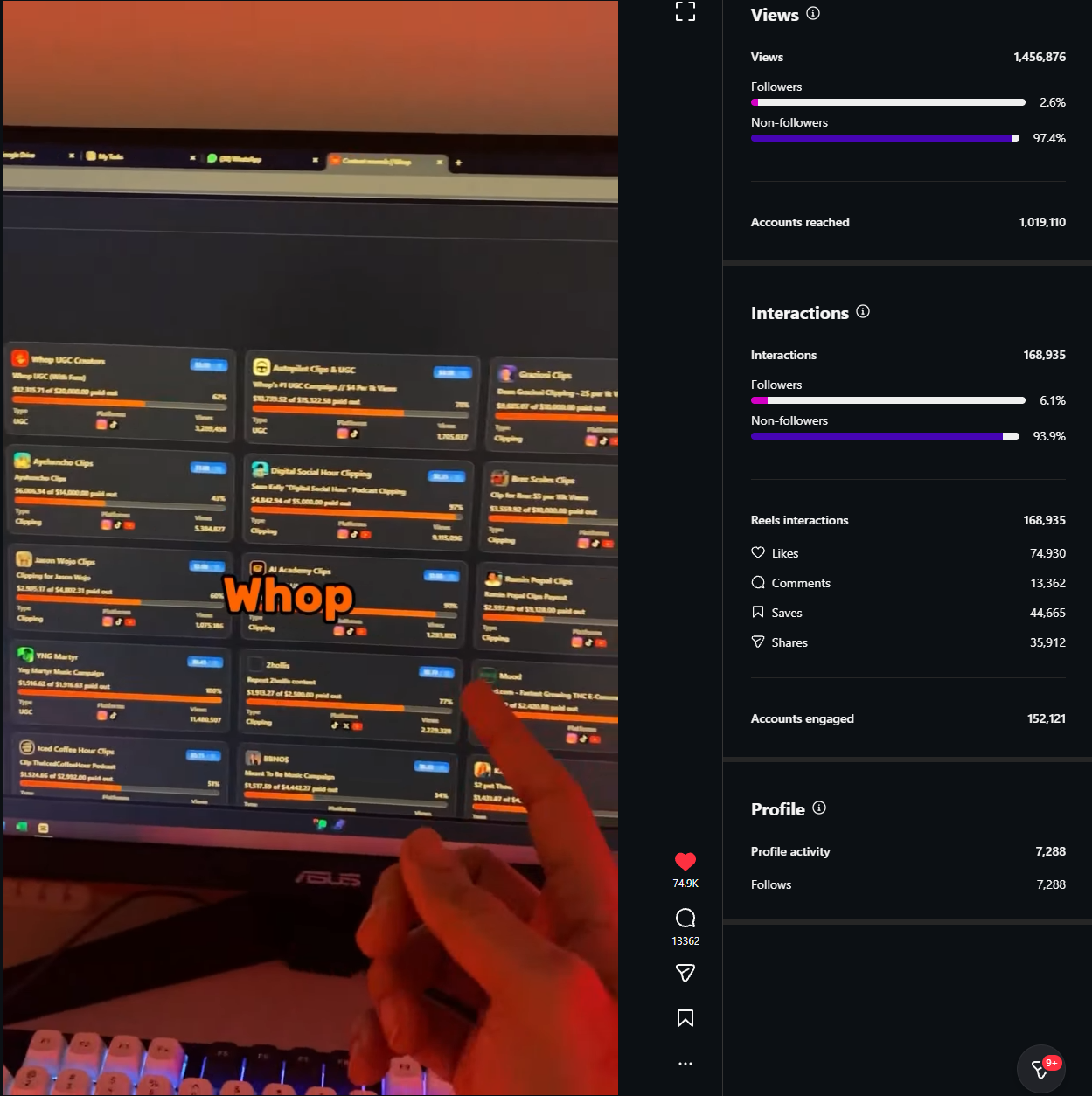 Whop campaign performance screenshot